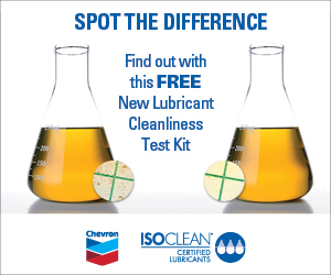 Spot the difference. Find out with this FREE new lubricant cleanliness test kit. Chevron logo. ISOCLEAN Certified Lubricants logo.